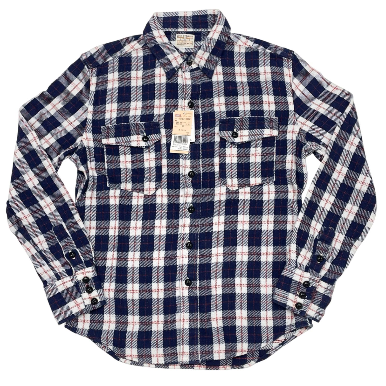 未使用品 青 Mサイズ LEVI'S VINTAGE CLOTHING LVC 60703-0001 リーバイス ビンテージクロージング ロングホーン コットンチェックネルシャツ
