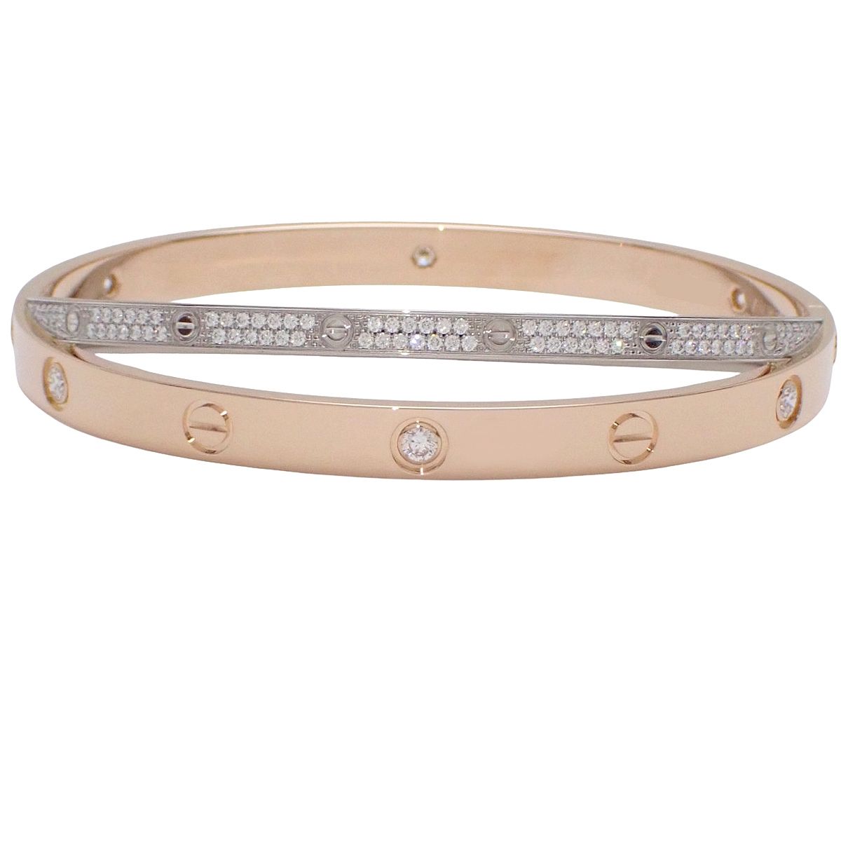 CARTIER(カルティエ) ラブコレクション LOVE ブレスレット ダイヤモンド ピンクゴールド K18PG ホワイトゴールド K18WG 19 53.3g バングル パヴェダイヤ 2連 ラブブレス シルバー銀 40802197502【アラモード】