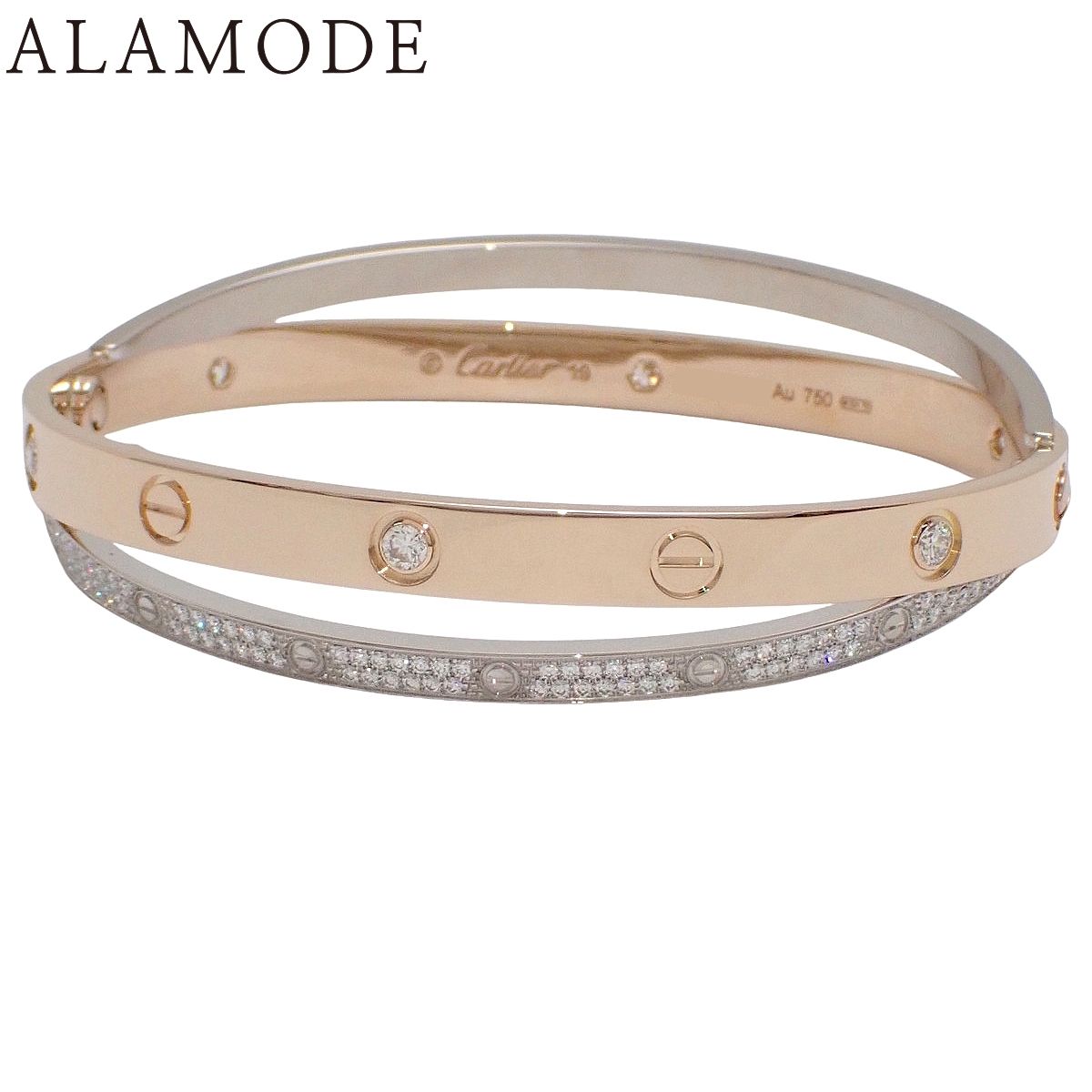 CARTIER(カルティエ) ラブコレクション LOVE ブレスレット ダイヤモンド ピンクゴールド K18PG ホワイトゴールド K18WG 19 53.3g バングル パヴェダイヤ 2連 ラブブレス シルバー銀 40802197502【アラモード】