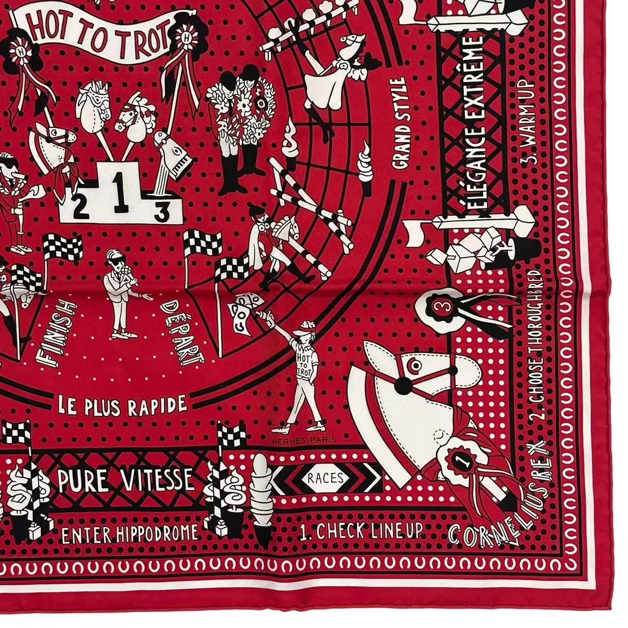 未使用品 HERMES エルメス スカーフ シルク バンダナ HOT TO TROT 馬 競技 表彰台 レッド 箱付き