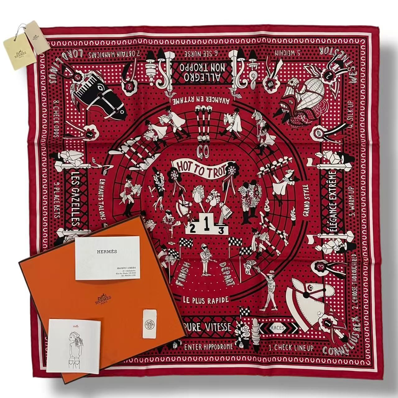 未使用品 HERMES エルメス スカーフ シルク バンダナ HOT TO TROT 馬 競技 表彰台 レッド 箱付き
