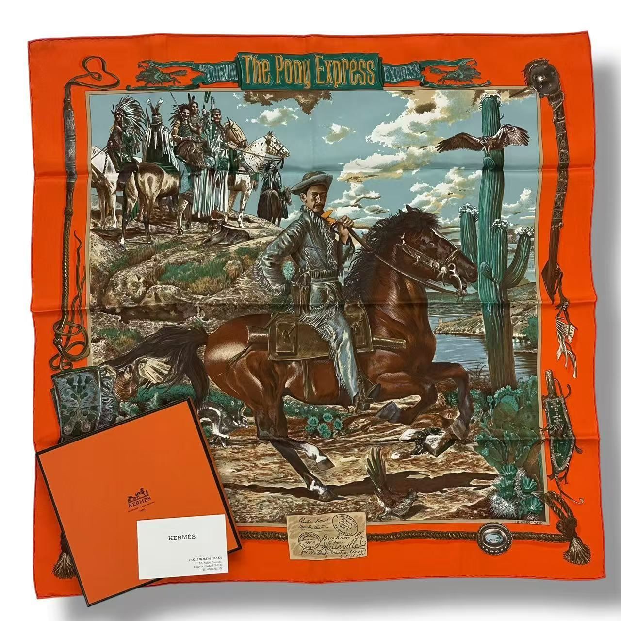 極美品 HERMES エルメス スカーフ シルク The Pony Express ポニー・エクスプレス 郵便社 オレンジ 箱付き