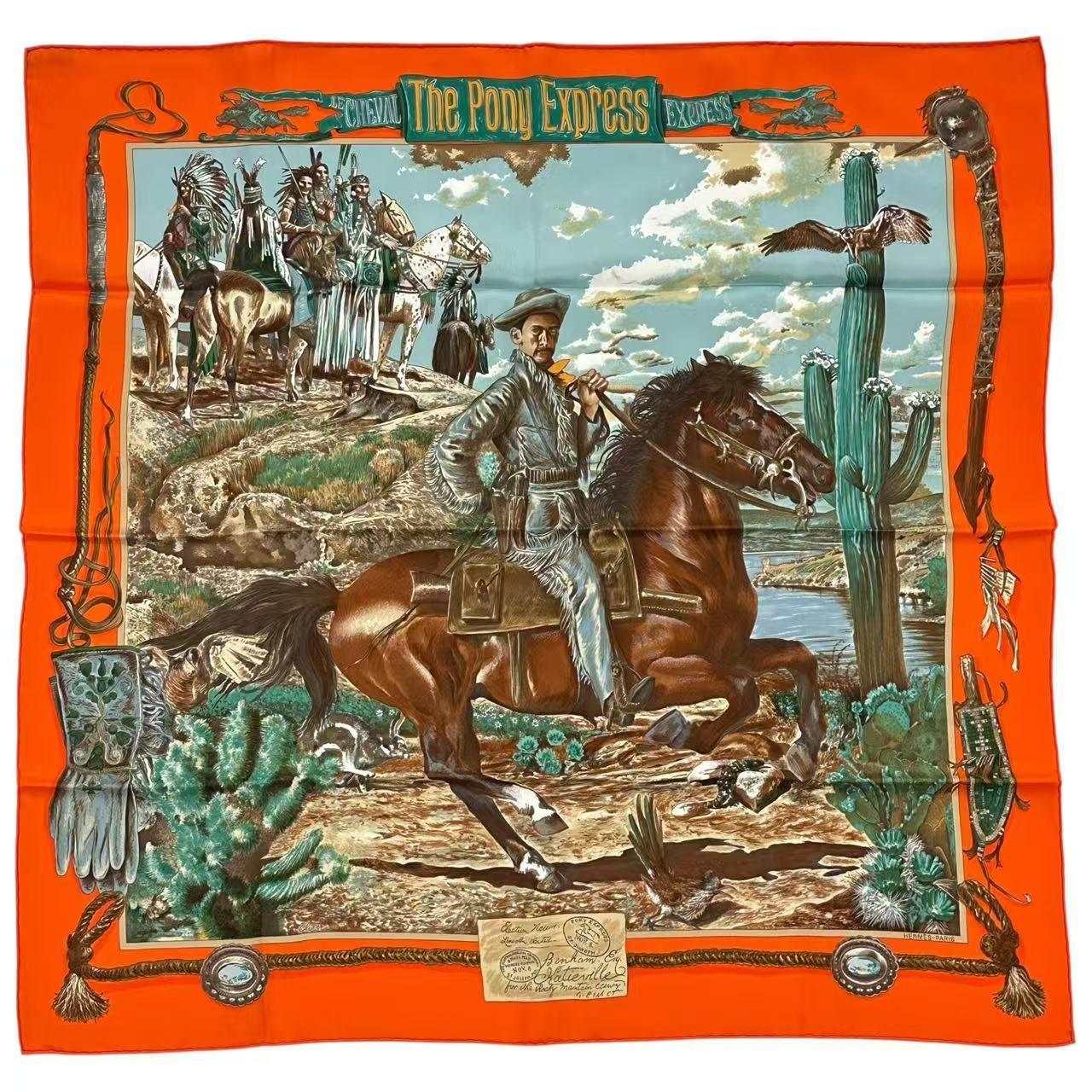 極美品 HERMES エルメス スカーフ シルク The Pony Express ポニー・エクスプレス 郵便社 オレンジ 箱付き 極美品 HERMES エルメス スカーフ シルク The Pony Express ポニー・エクスプレス 郵便社 オレンジ 箱付き