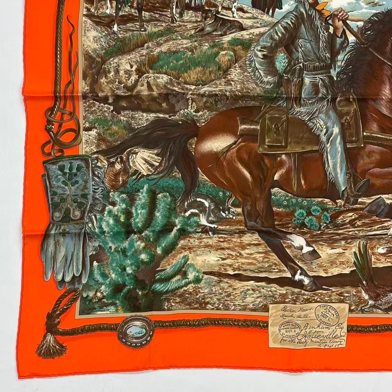 極美品 HERMES エルメス スカーフ シルク The Pony Express ポニー・エクスプレス 郵便社 オレンジ 箱付き 極美品 HERMES エルメス スカーフ シルク The Pony Express ポニー・エクスプレス 郵便社 オレンジ 箱付き