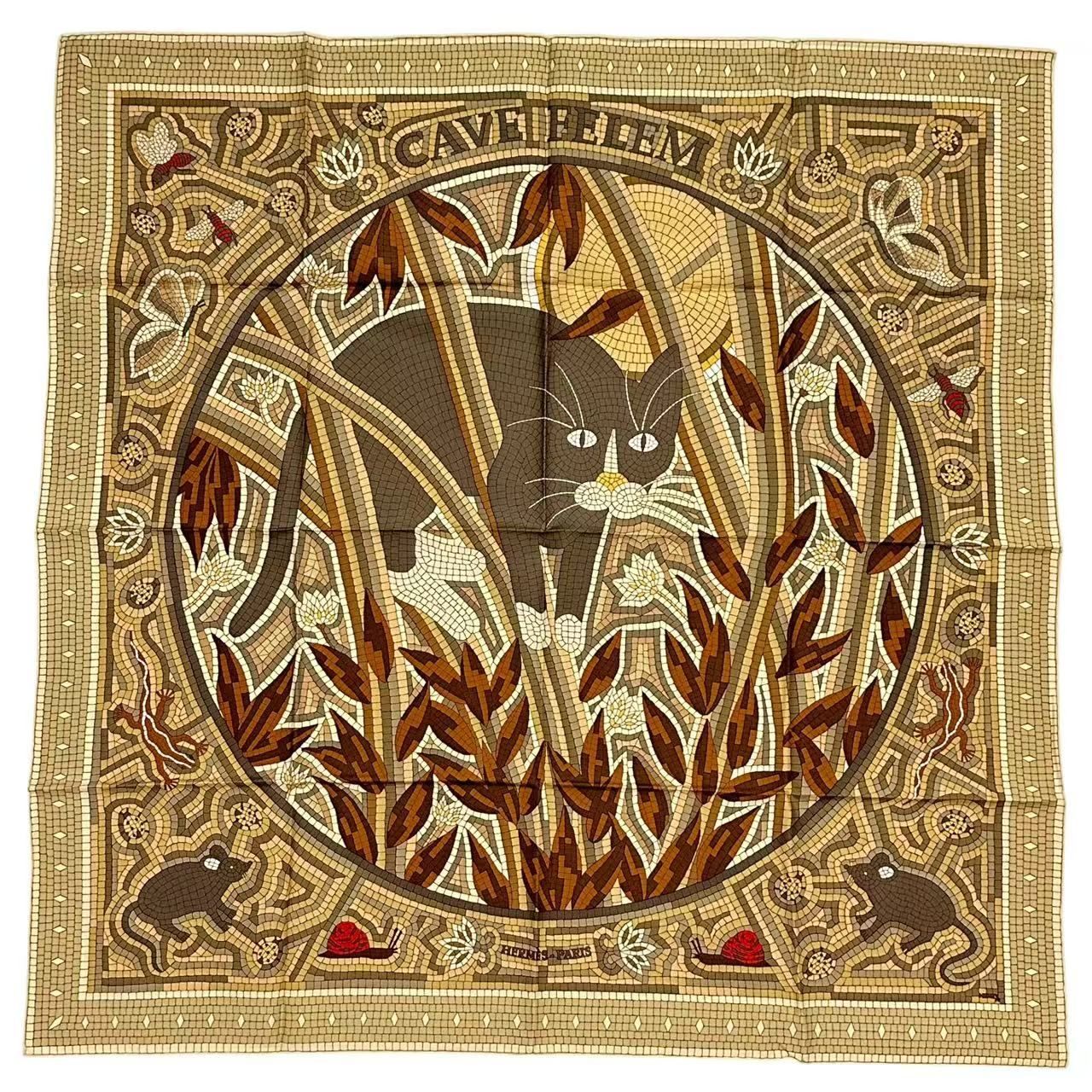 新品同様 HERMES エルメス カレ90 スカーフ シルク CAVE FELEM 猫に注意 ベージュ 箱付き 新品同様 HERMES エルメス カレ90 スカーフ シルク CAVE FELEM 猫に注意 ベージュ 箱付き