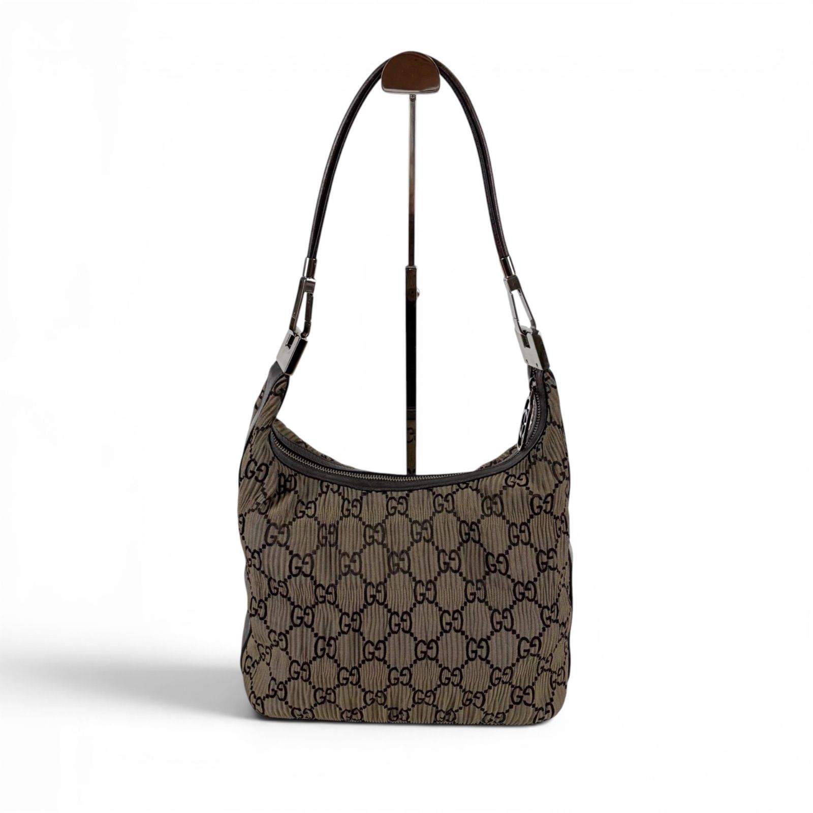 GUCCI グッチ　プリーツ　GG柄　ワンショルダーバッグ　ホーボーバッグ　ブラウン　カーキ