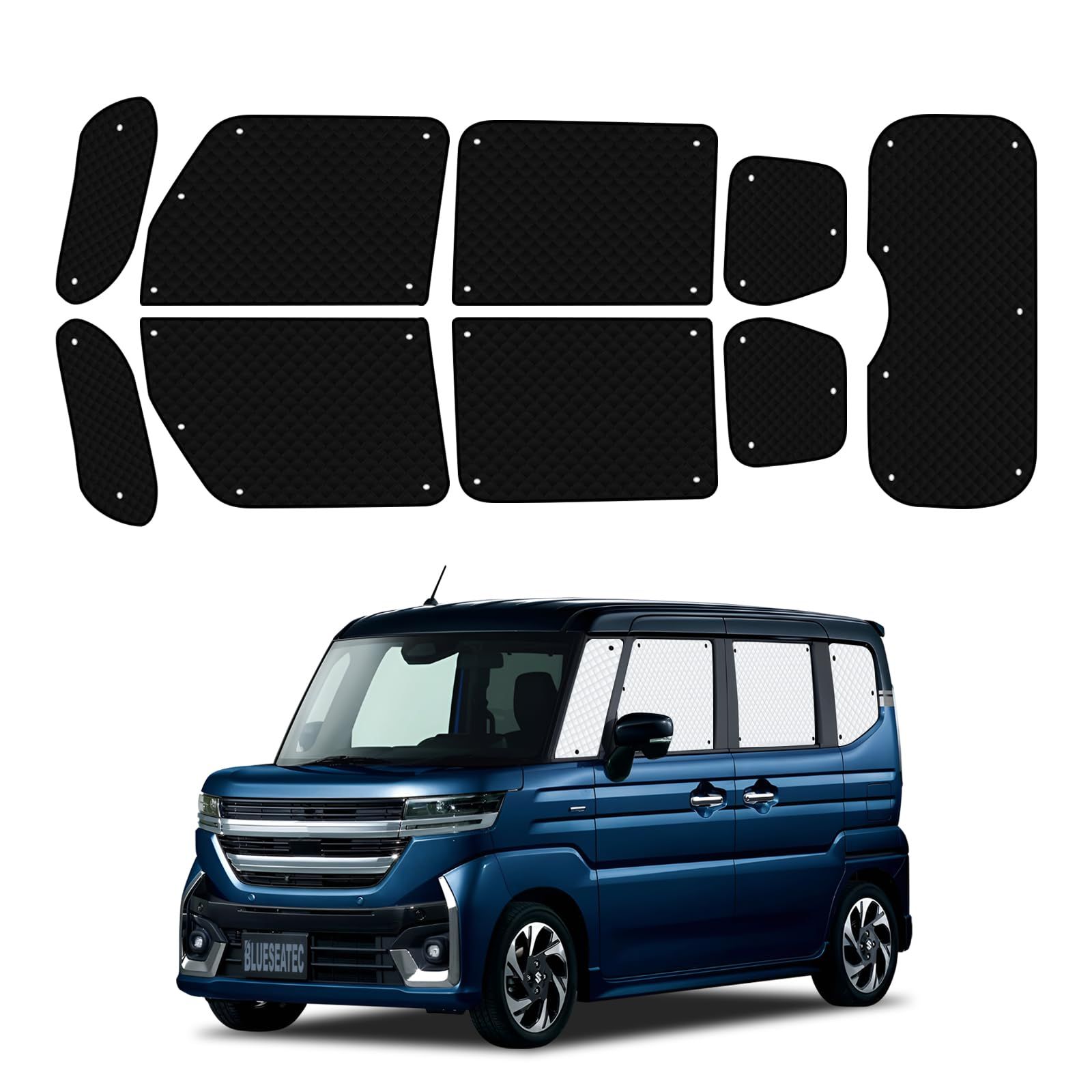 新品 BLUESEATEC スズキ スペーシア MK04系 遮光 カーテン 断熱 露天駐車 着脱簡単 MK54S/MK94S R5.11～現行 吸盤設計 日除け 車種専用設計 車中泊 収納袋付き 9枚セット