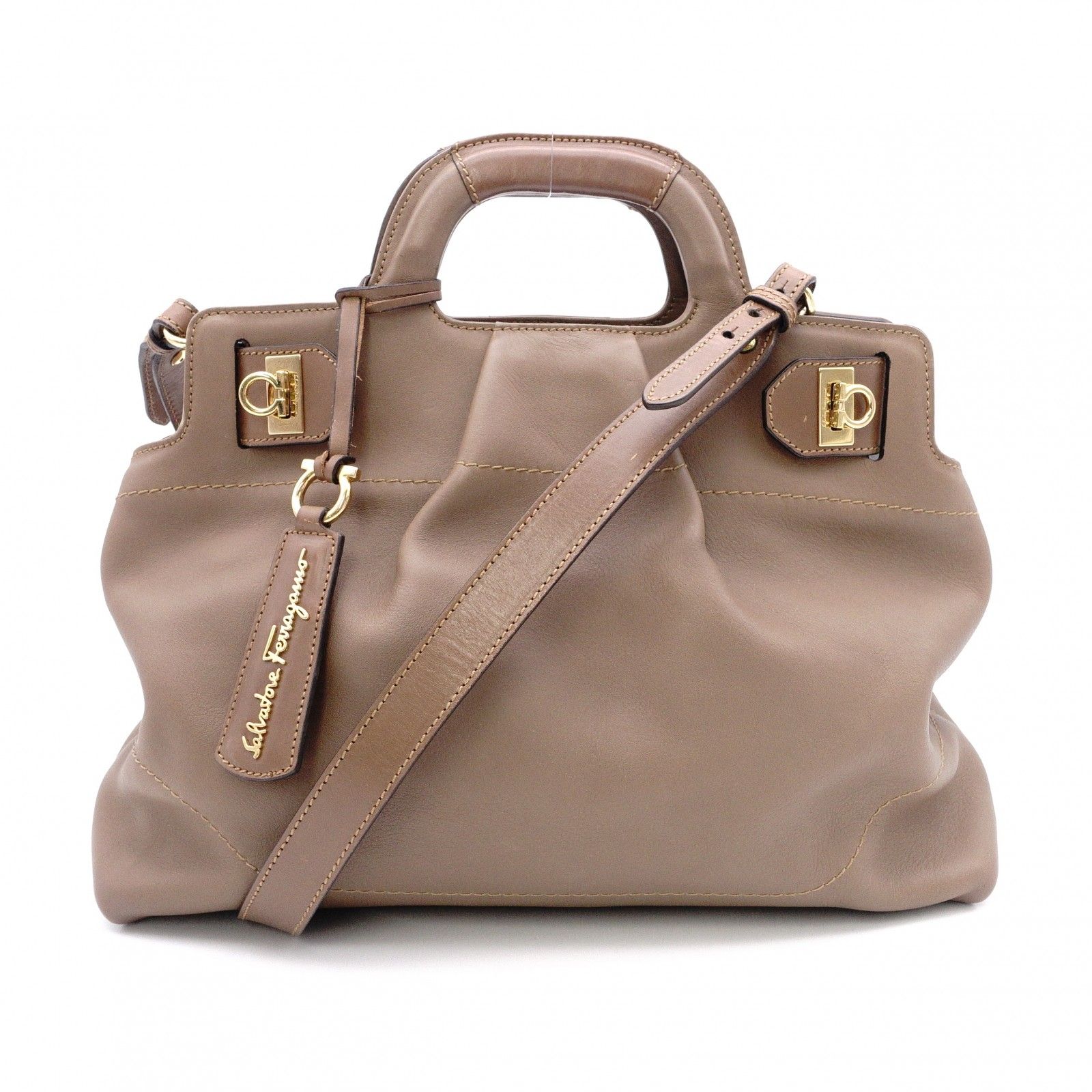 Salvatore Ferragamo サルヴァトーレフェラガモ ガンチーニ ハンドバッグ レザー ブラウン ゴールド金具
