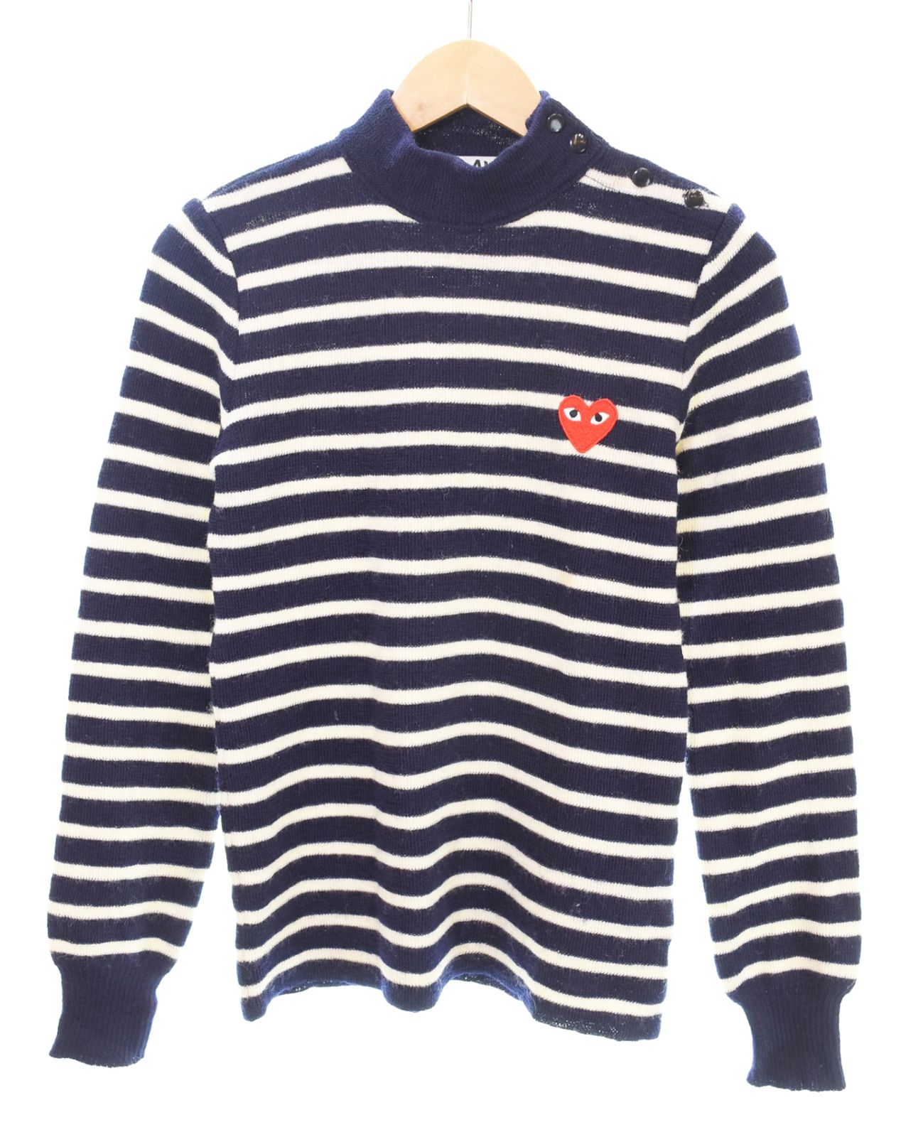 プレイコムデギャルソン PLAY COMME des GARCONS 08AW Wool Knit Sweater Stripe ウールニット セーター サイドボタンネック ボーダー ハートロゴ セーター ネイビー Sサイズ S 103LT-233