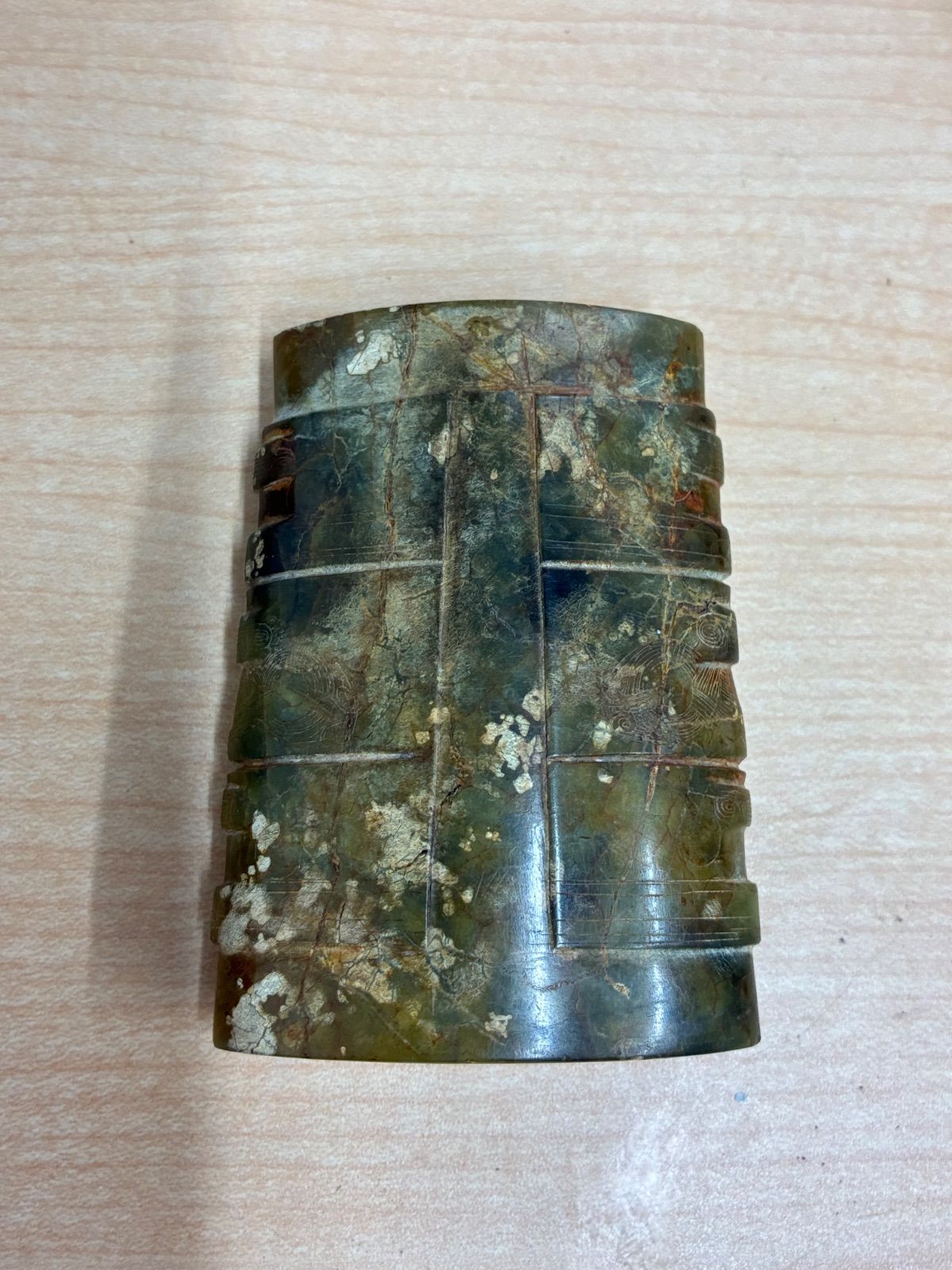 中国古美術 時代玉 碧玉 琮形器 玉琮 獸面紋