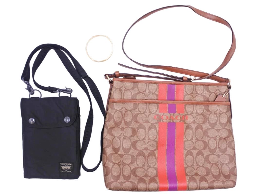 COACH コーチ F38402 PORTER タンカー トラベルケース ショルダーバッグ バングル 3点セット まとめ ブラウンｘ黒ｘゴールド ■■◎レディース