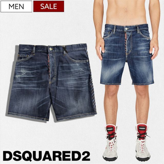 【定価105,600円(税込)】DSQUARED2 ディースクエアード ドジャースパロディパッチが遊びココロ擽る!ダメージ&ウォッシュ加工デニムショーツ ショートパンツ《MARINE SHORT -マリンショート-》 インディゴブルー ストレッチ ベースボ