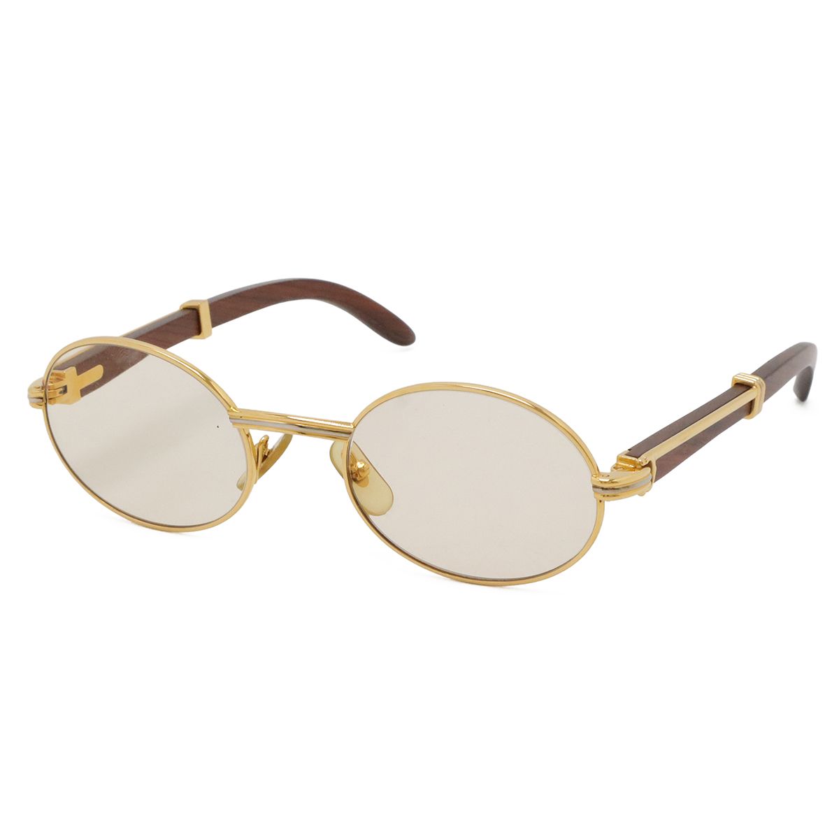 Cartier カルティエ トリニティ 眼鏡 めがね 度入り メガネフレーム 伊達メガネ ウッドテンプル ラウンドシェイプ ライトブラウン ゴールド