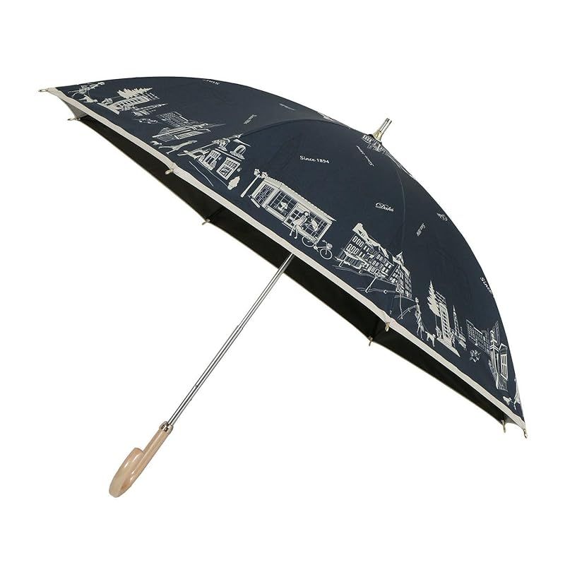 【新品】 ムーンバット 長傘 日傘 折りたたみ傘 晴雨兼用 一級遮光 遮熱 UV 街並み 22-125-11948-06 ブルー