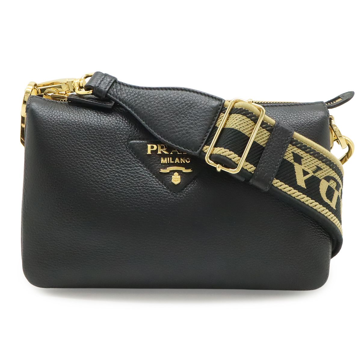PRADA プラダ ヴィッテロダイノ ロゴ ショルダーバッグ ストライプショルダー 2WAY クラッチバッグ レザー NERO 黒 ブラック ゴールド金具 1BH194
