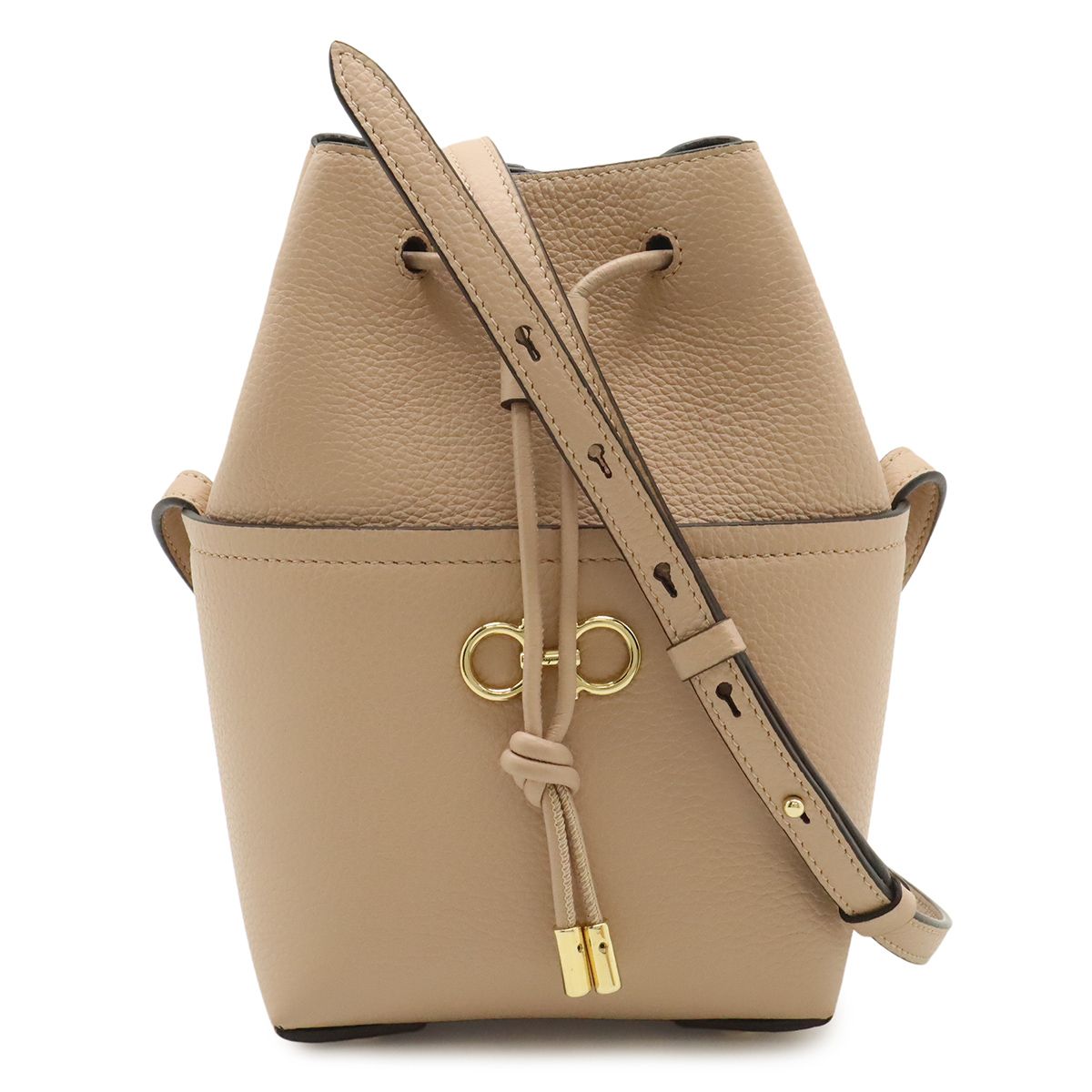Salvatore Ferragamo サルヴァトーレ フェラガモ ダブルガンチーニ ショルダーバッグ 巾着バッグ レザー ピンクベージュ ゴールド金具 AU-22/0382