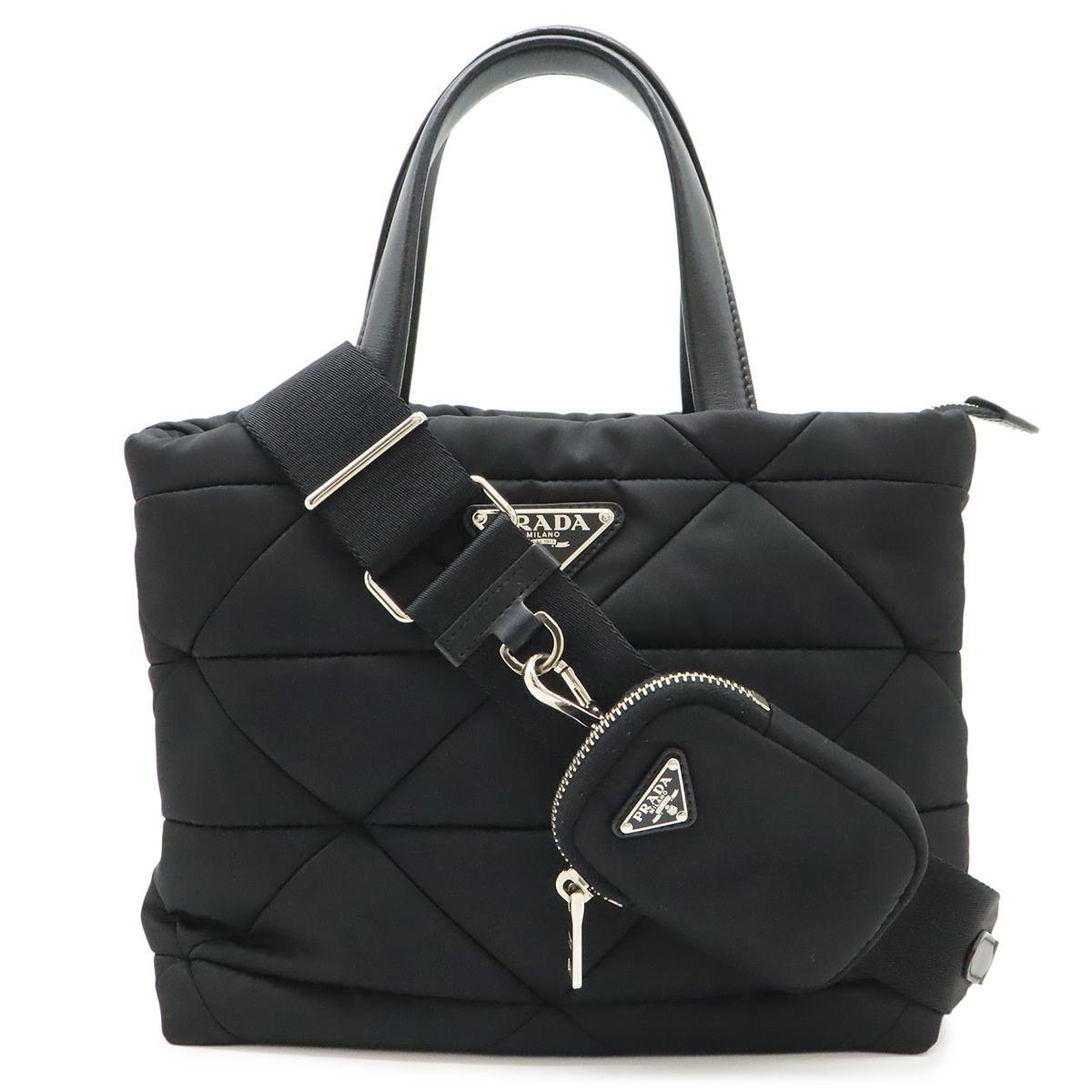 PRADA プラダ スモール パデッド トートバッグ ハンドバッグ 2WAY ショルダーバッグ ナイロン レザー NERO ブラック シルバー金具 ポーチ付 1BG373
