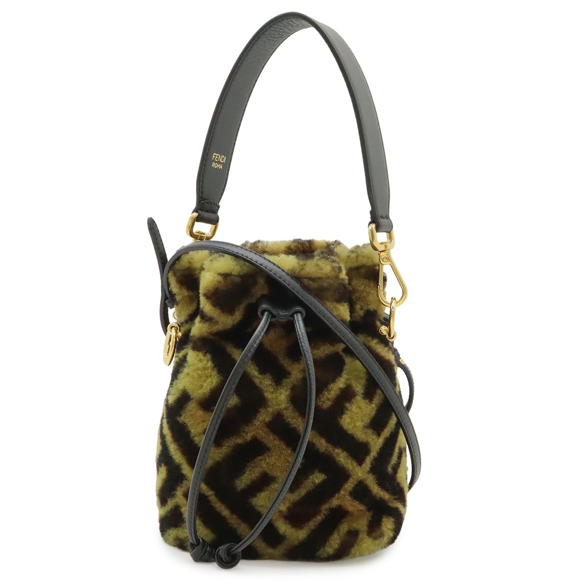 FENDI フェンディ ズッカ モントレゾール ミニ バケットバッグ ショルダーバッグ セミショルダー 巾着バッグ ファー レザー ブラウン 8BS010