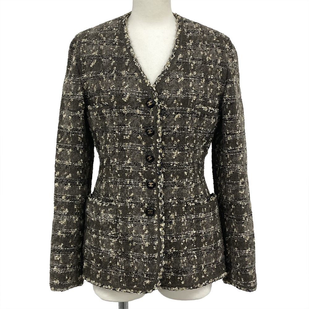 シャネル CHANEL ツイード ウール ノーカラージャケット P03506 グレー サイズ38 ココマーク ヴィンテージ レディース【中古】