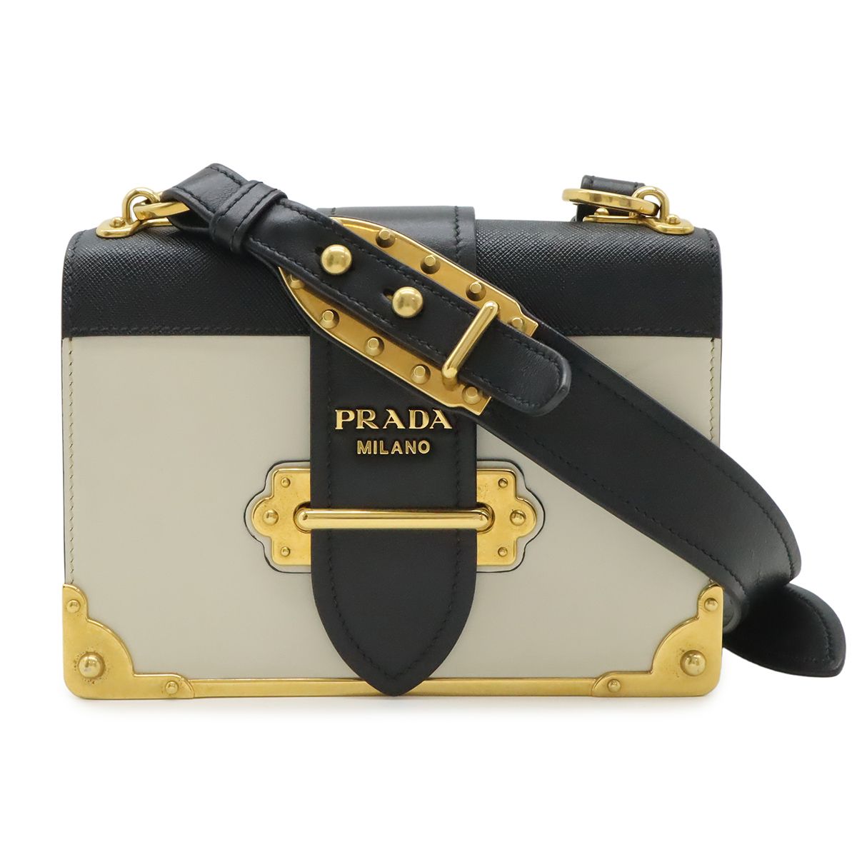 PRADA プラダ カイエ ショルダーバッグ ポシェット 2WAY クラッチ スタッズ レザー TALCO ベージュ NERO ブラック 海外ブティック購入品 1BD045