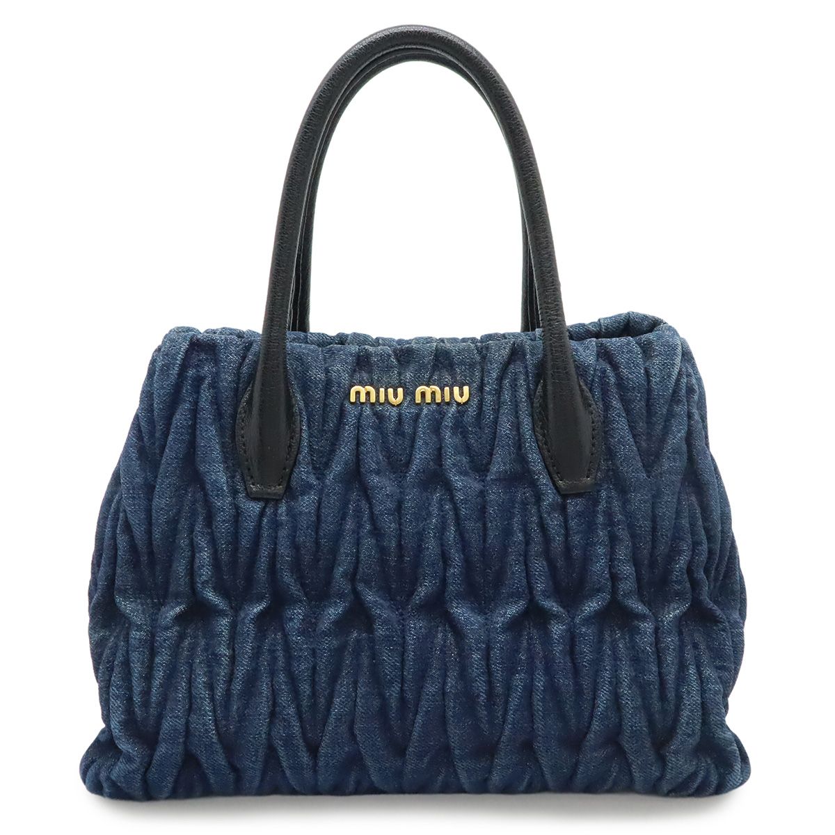 Miu Miu ミュウ ミュウ ミュウミュウ マテラッセ ハンドバッグ ミニバッグ ギャザー デニム レザー ブルー 青 ゴールド金具 5BG069