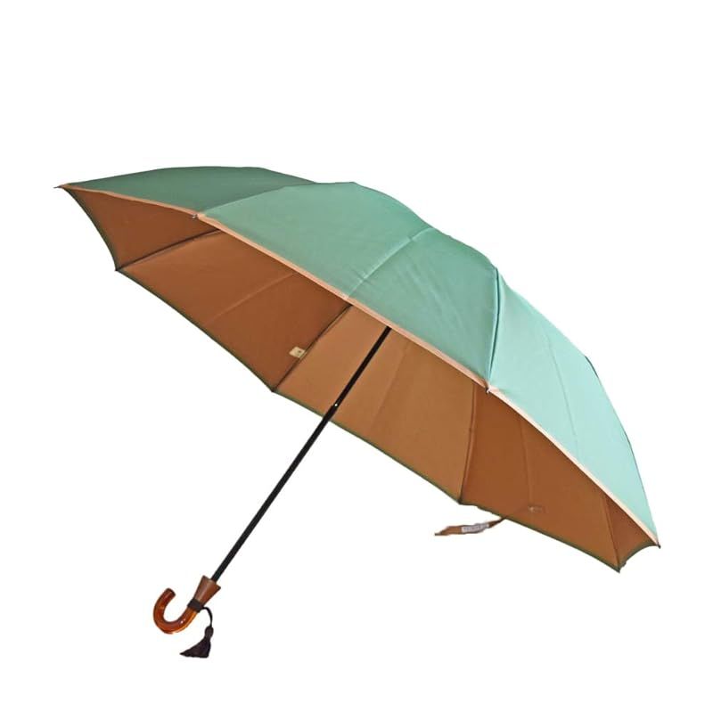 【新品】 日本製 かさね 折り 55ｃｍ 甲州織両面 無地 雨晴兼用 べっ甲風手元 ２段折りたたみ傘 小宮商店 (グリーンＸキャメル)