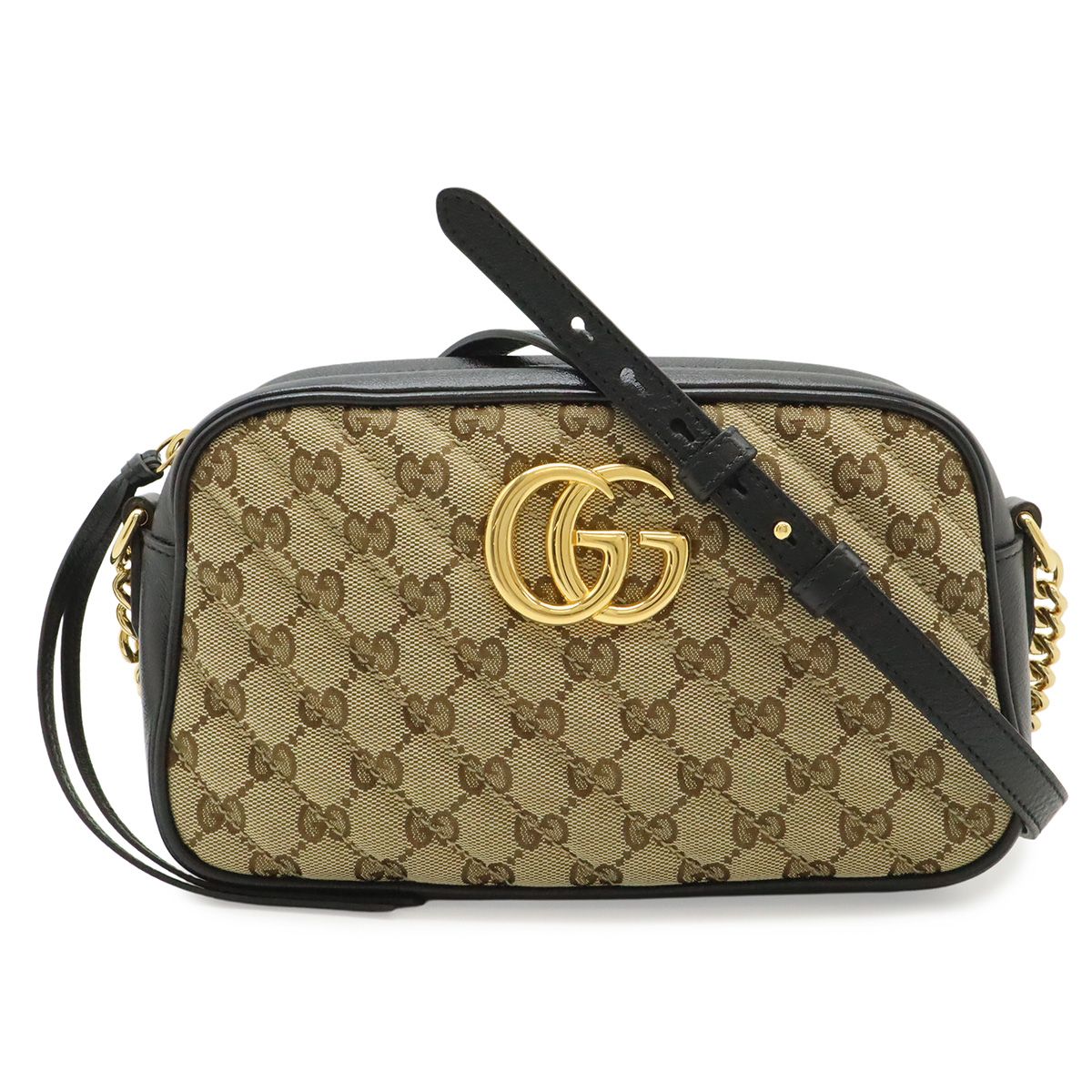 GUCCI グッチ GGマーモント GGキャンバス ショルダーバッグ ポシェット チェーンバッグ キルティング ベージュ ブラック ゴールド金具 447632