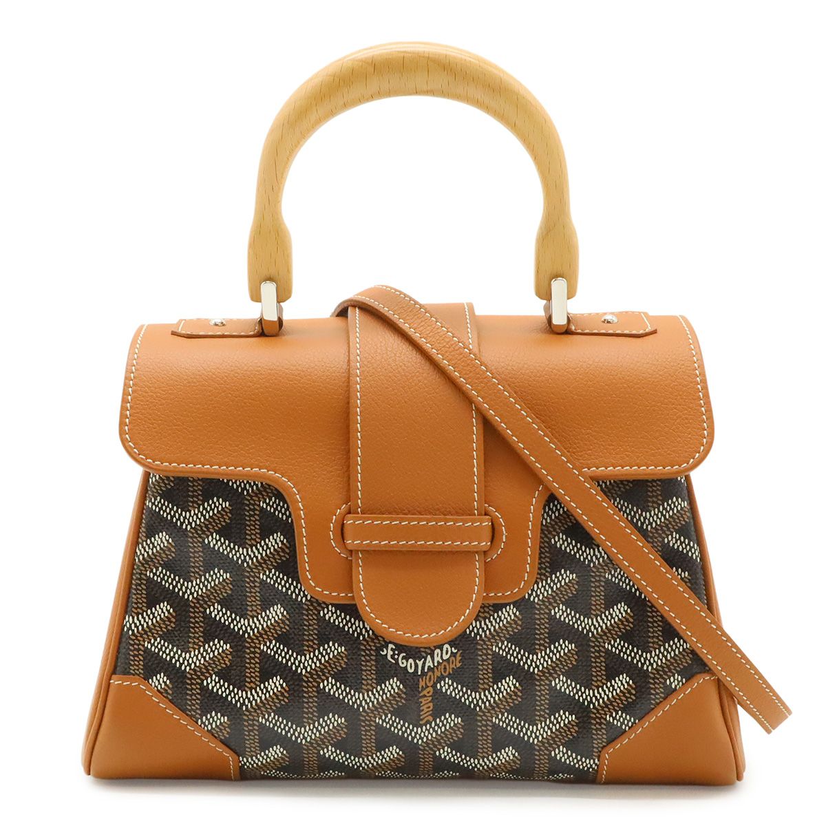 GOYARD ゴヤール サイゴン ミニ ハンドバッグ ウッドハンドル 2WAY ショルダーバッグ ヘリンボーン柄 PVC ブラウン ブラック SAIGONMINTY01CL03P