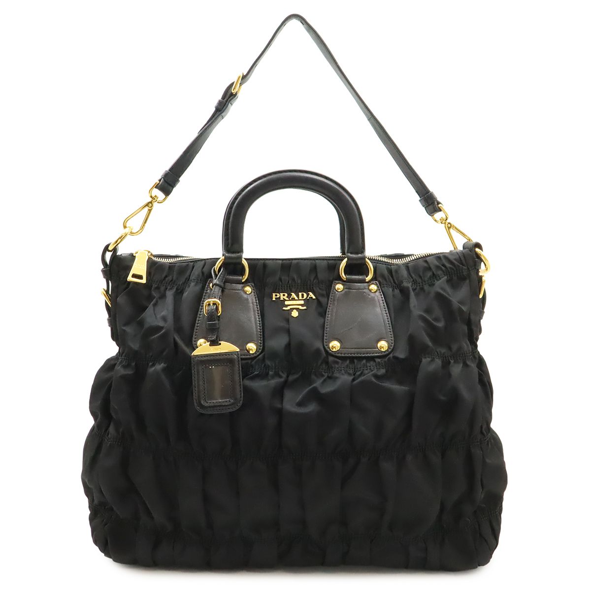 PRADA プラダ TESSUTO テスート ギャザー トートバッグ ハンドバッグ 2WAY ショルダーバッグ 斜め掛け ナイロン NERO 黒 ブラック ゴールド金具