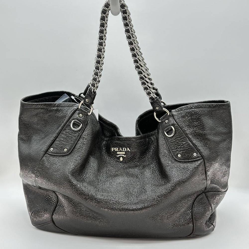 PRADA プラダ トートバッグ オイルドレザー ブラック 黒 ヴィンテージ Y2K ブラック×シルバーチェーン Lサイズ 大容量