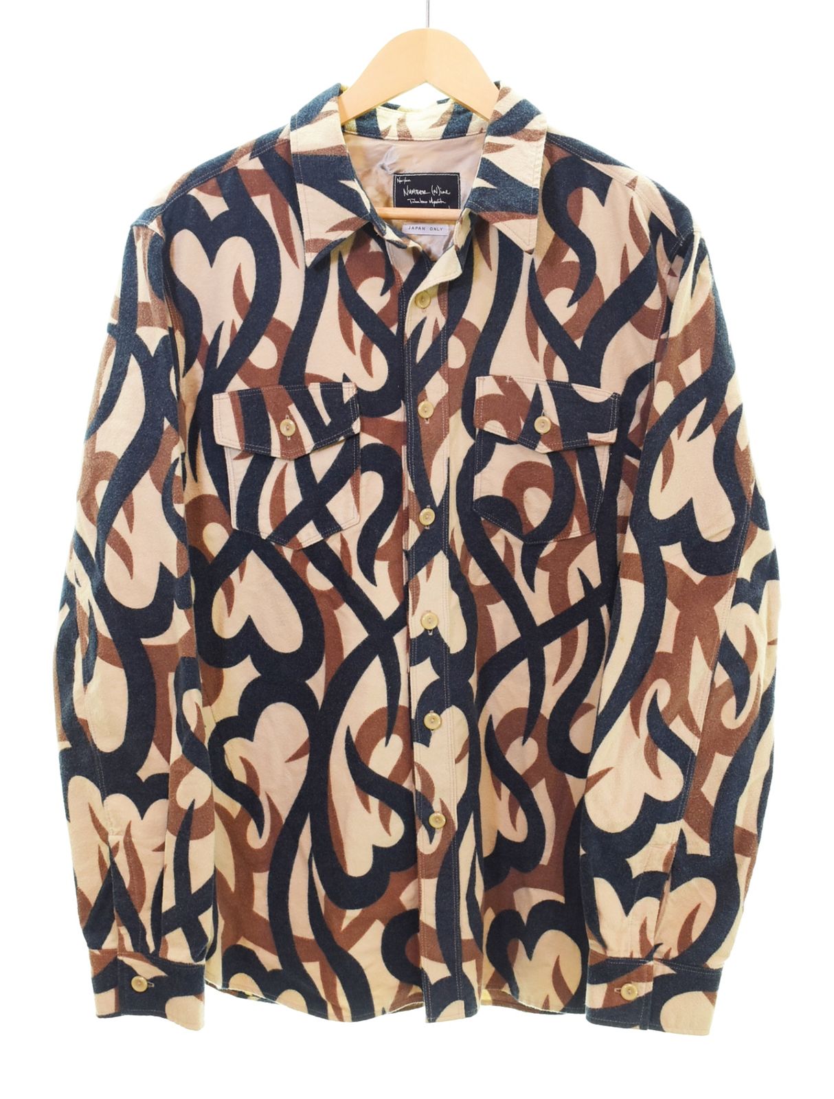 ナンバーナイン NUMBER (N)INE Tribal Camo Flannel L/S Shirt トライバルカモ 迷彩 総柄 開襟 フランネルシャツ 長袖 4 長袖シャツ ベージュ Lサイズ 103MT-4775
