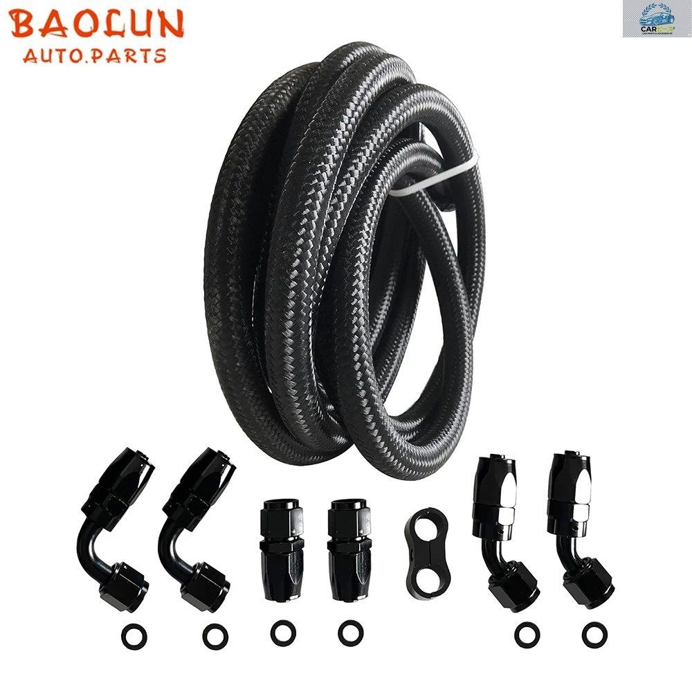 BAOLUN AN6 または AN8 3M/10FT E85 チューブ ナイロン ステンレススチール編組 PTFE ブラック 燃料ライン フィッティングキット 6 個のス