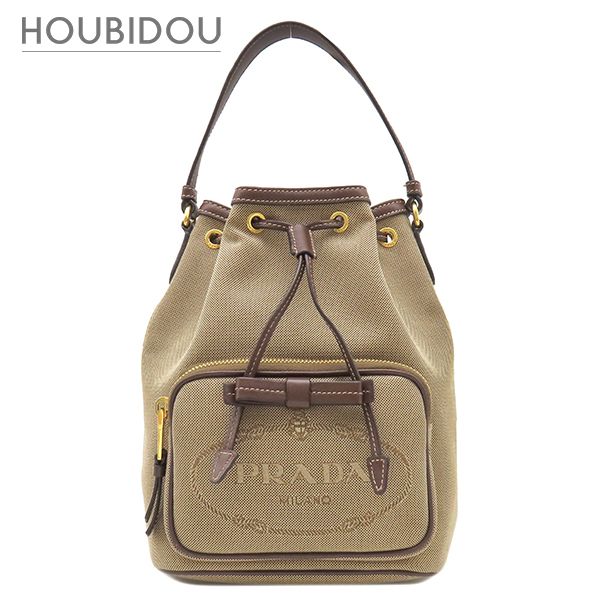 プラダ PRADA 2WAYバッグ ロゴ ジャガード バケットバッグ キャンバス レザー ベージュ×ブラウン ゴールド金具 ハンドバッグ ショルダーバッグ 1BH038【中古】