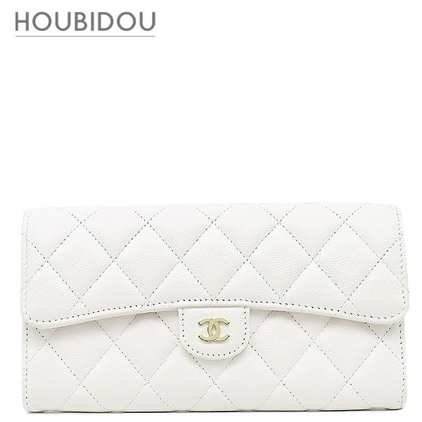 シャネル CHANEL 長財布 マトラッセ ロング フラップ ウォレット キャビアスキン ホワイト シャンパンゴールド金具 白 ココマーク 31****** 【保存袋】【中古】