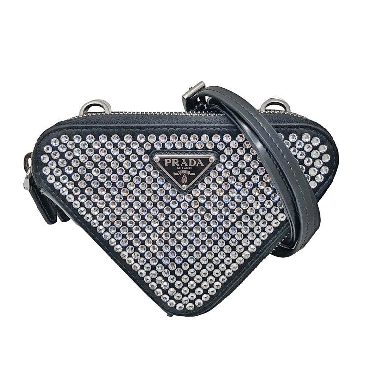 PRADA プラダ トライアングル ビジューチェーンポーチ 1NR015 トライアングルロゴ ショルダーバッグ ブラック ラインストーン シルバー金具 レディース