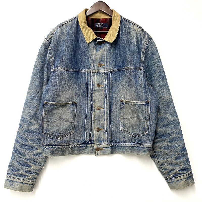 【現状渡し品】 Polo by Ralph Lauren ポロバイラルフローレン CHECK BLANKET LINER CORDUROY COLLAR DENIM JACKET コーデュロイ カラーデニムジャケット【146-260608-as-05-izu】