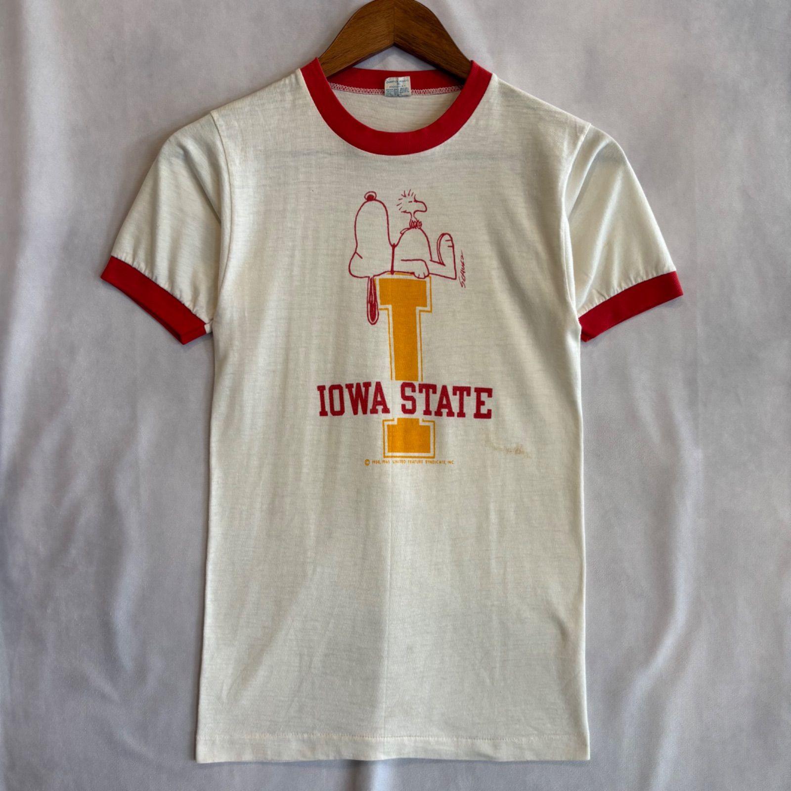 A6843 70's champion スヌーピー IOWA STATE リンガーT 白 S バータグ