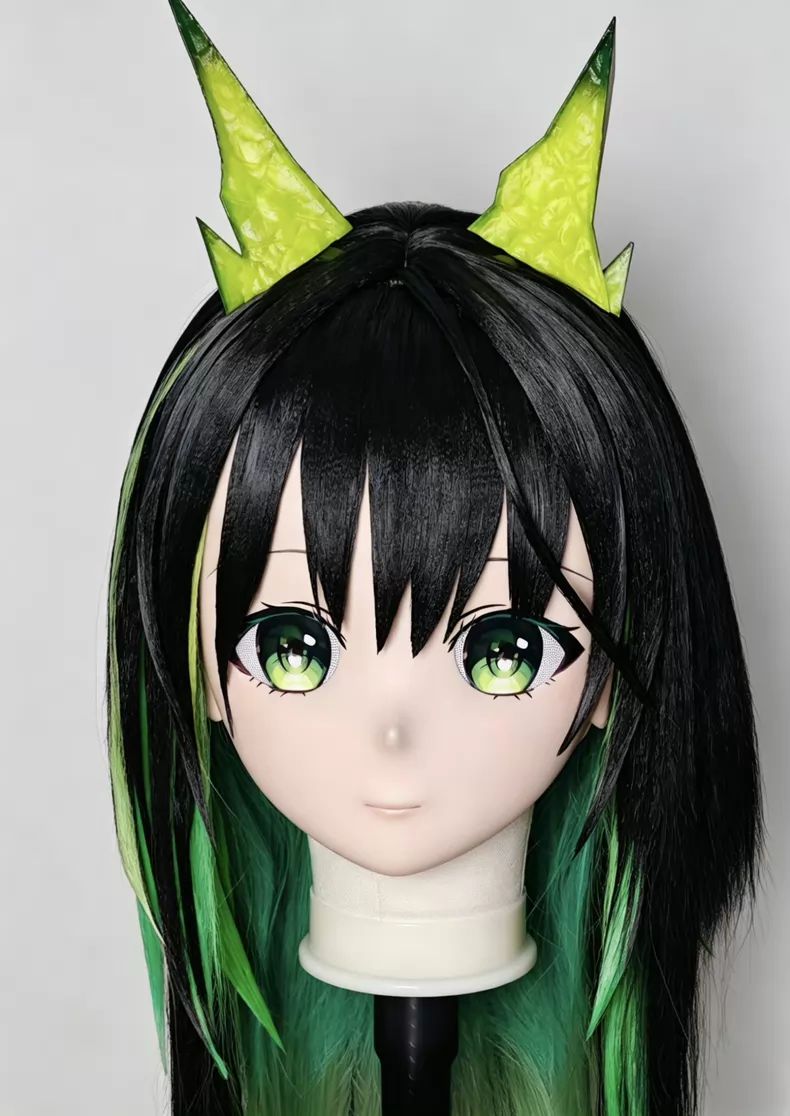 アークナイツ M3風 kigurumi 全頭マスク 黒髪×グリーン ケモ角付き