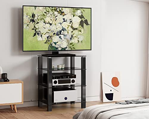 FITUEYES オーディオラック パワーアンプキャビネット オーディオスピーカーアンプキャビネット CDアンプ機器収納 プリンタブラケット ホームストレージシェルフ 強化ガラス オープンタイプ 北欧風 ブラック 4段 AS406002GBt 35433e7a