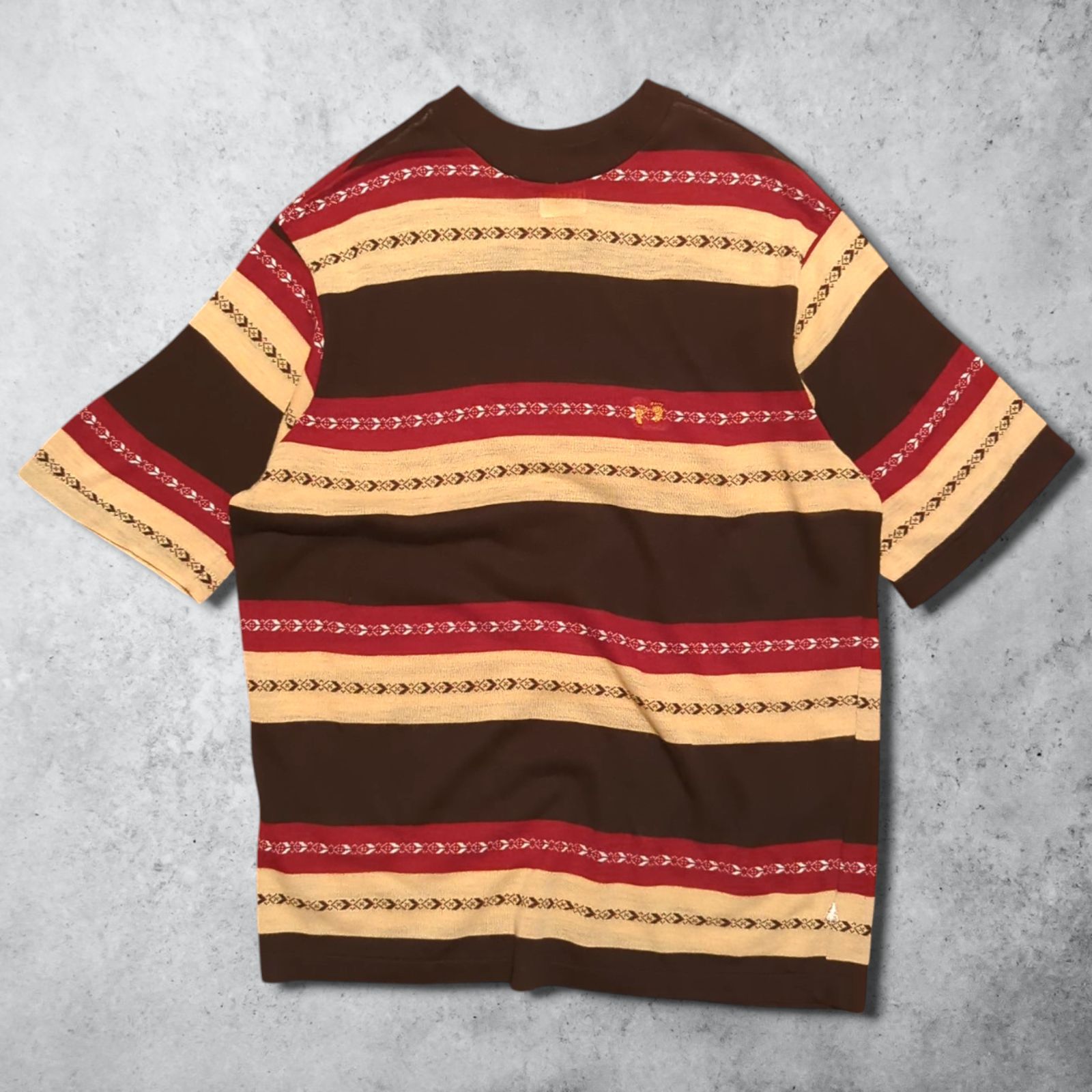 ハンテン HANG TEN 70s USA製 ジャガード ボーダー Tシャツ ロゴ 刺繍 足跡 ネイティブ サーフ アクリル 西海岸 横乗り 夏物