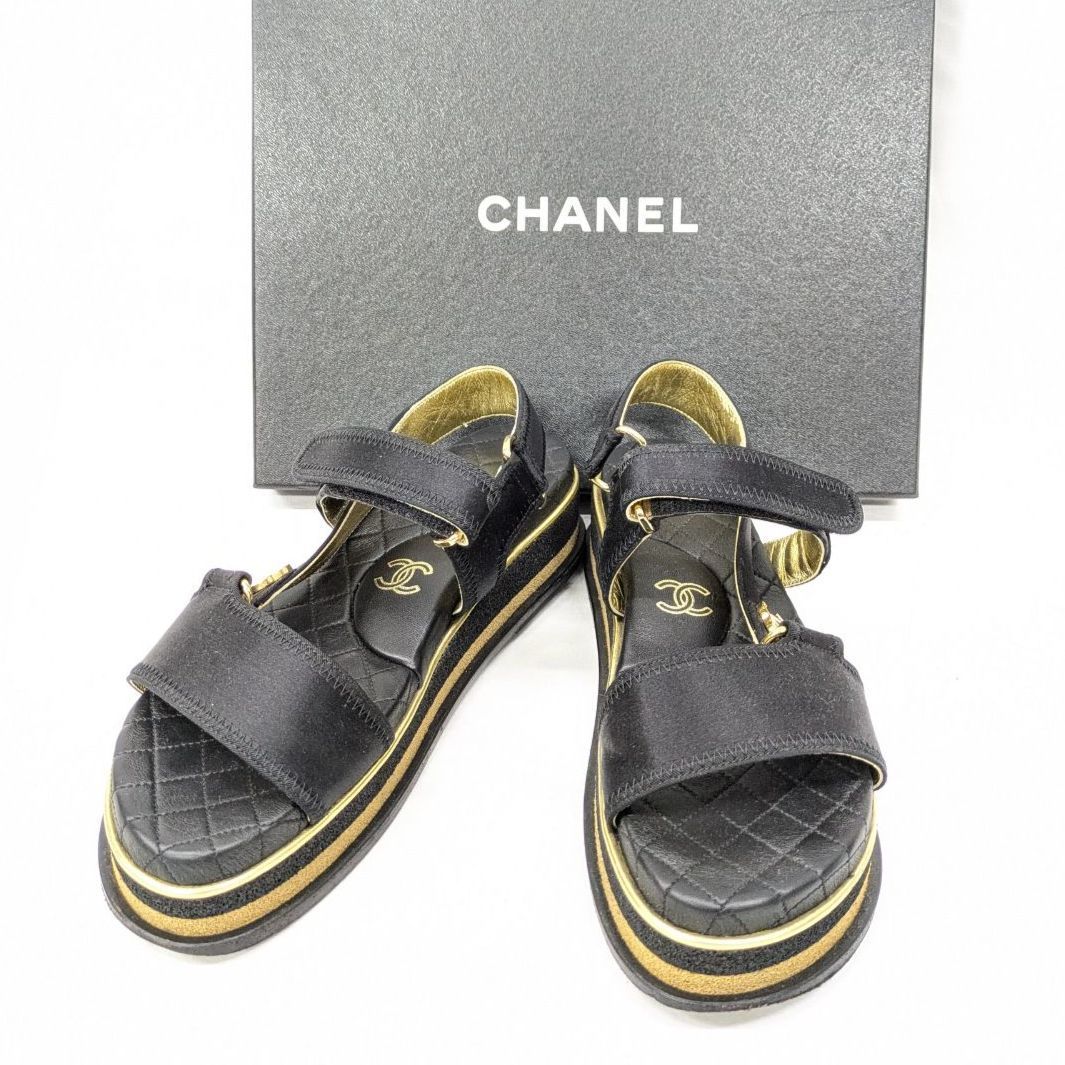 良品 CHANEL シャネル スポーツサンダル マトラッセ サテン 厚底 ココマーク ゴールド ブラック G32676 37 24cm フットサンダル 箱付 正規品 レア 夏 春 44,880円