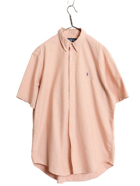 90s ラルフローレン ギンガム チェック 半袖 ボタンダウン シャツ メンズ L オールド ポロ 半袖シャツ オックスフォード コットン オレンジ