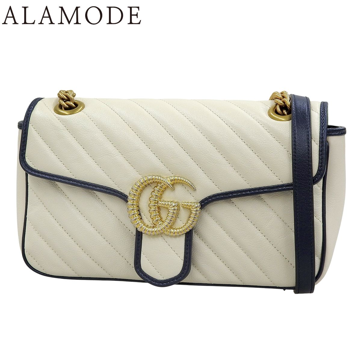 GUCCI(グッチ) GGマーモント チェーンショルダー ショルダーバッグ 肩掛け 斜め掛け ダブルG キルティング レザー ホワイト白 ネイビー紺 ゴールド金具 443497 レディース 40802194657【中古】【アラモード】