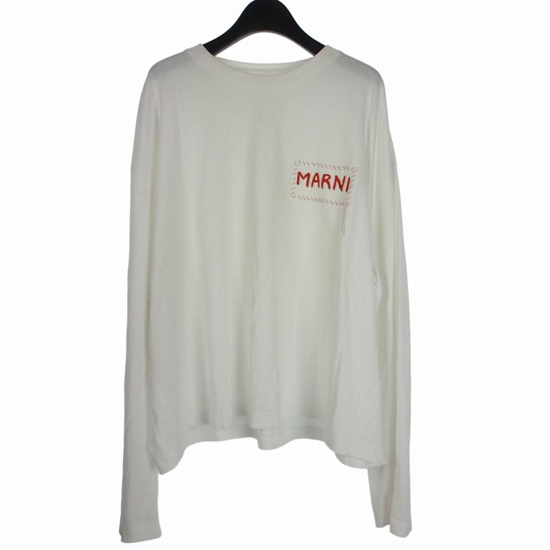 マルニ MARNI 25SS コットンロゴスウェットシャツ 刺繍パッチ Tシャツ カットソー 長袖 48 白 ホワイト HUMU0325X1