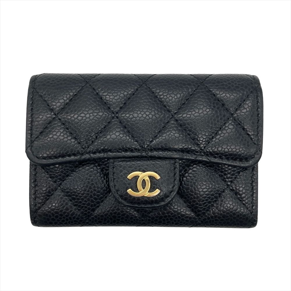 シャネル CHANEL マトラッセ クラシック フラップ カードケース キャビアスキン ブラック ゴールド金具 25番台 ココマーク【中古】