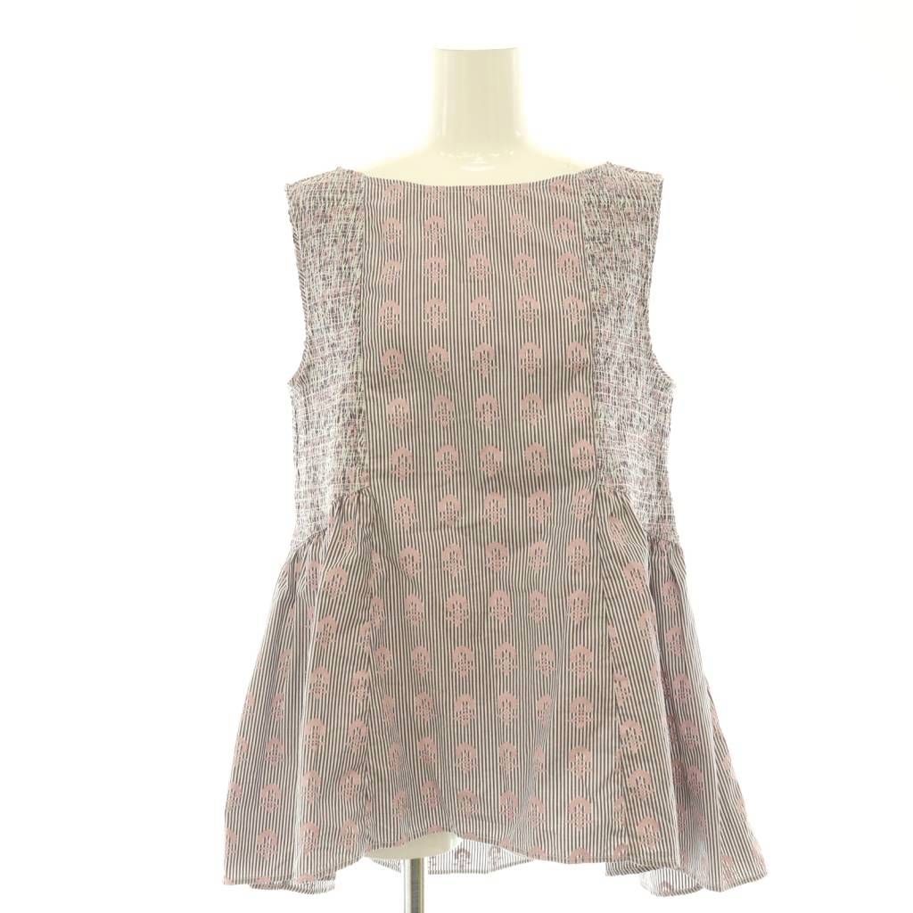 ヌキテパ NE QUITTEZ PAS! Poplin Fluff Print Sleeveless Top ブラウス ストライプ 花柄 ペプラム 紫 パープル ピンク 白 ホワイト /CX ■OS ■SH