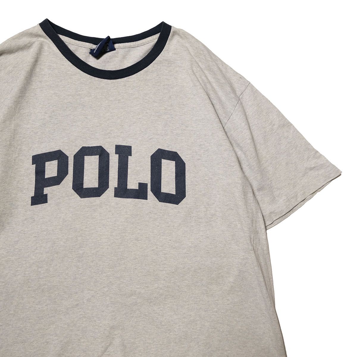 90's USA製 ポロスポーツ ラルフローレン ビッグロゴプリント コットン リンガーTシャツ 半袖 (L) 霜降り灰×紺 アメリカ製 オールド アメリカ古着 USED ビンテージ ヴィンテージ