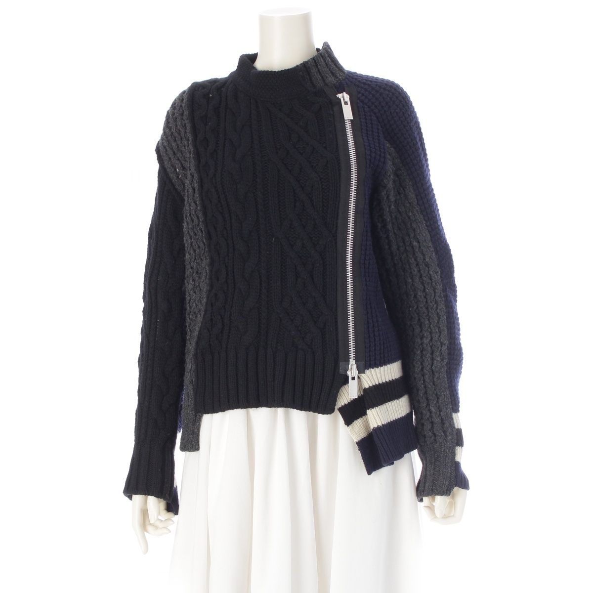 サカイ 18年 Asymmetry Knit ウール ジップアップ ニット ジャケット