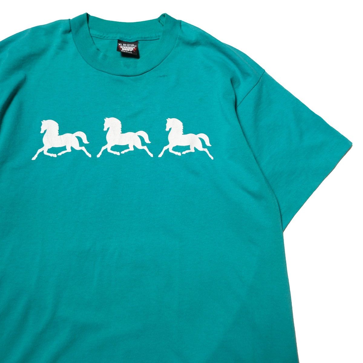 80's USA製 スクリーンスターズ アニマルプリント Tシャツ 半袖 (XL) エメラルドグリーン シングルステッチ 馬 アメリカ製 旧タグ オールド アメリカ古着 USED ビンテージ ヴィンテージ