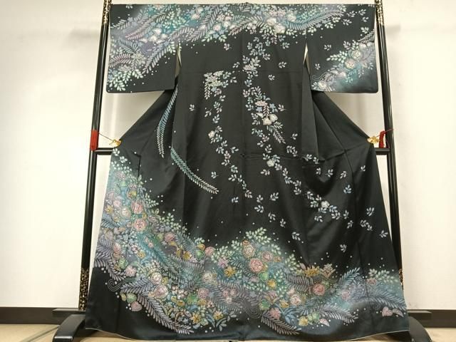 平和屋着物●訪問着　辻が花　暈し染め　黒地　金彩　正絹　逸品　AABJ4044fy